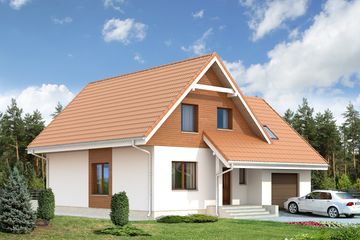 Projekt domu Piryt 3 - parterowy z poddaszem dom o powierzchni 142,30 m², dach dwuspadowy, koszt budowy 371 000 zł - ujęcie frontu