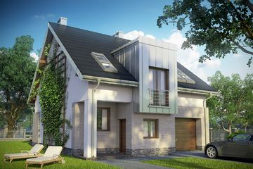 Projekt domu Cyrkonia (1361) - parterowy z poddaszem dom o powierzchni 140,20 m², dach dwuspadowy, koszt budowy 368 000 zł - ujęcie frontu