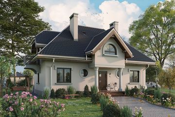 Projekt domu Leda (411) - parterowy z poddaszem dom o powierzchni 148,60 m², dach kopertowy, koszt budowy 403 000 zł - ujęcie frontu