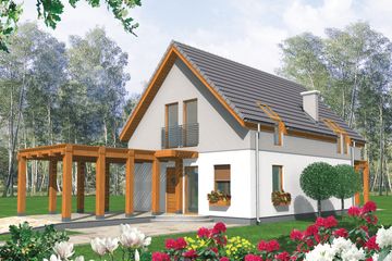 Projekt domu Lara (z wiatą) - parterowy z poddaszem dom o powierzchni 129,63 m², dach dwuspadowy, koszt budowy 244 064 zł - ujęcie frontu