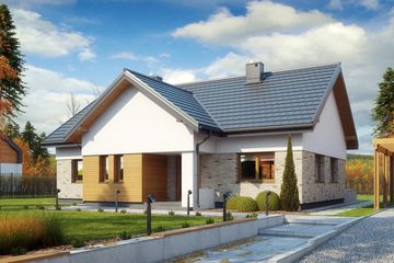 Projekt domu TK68 - parterowy dom o powierzchni 104,83 m², dach dwuspadowy, koszt budowy 300 000 zł - ujęcie frontu