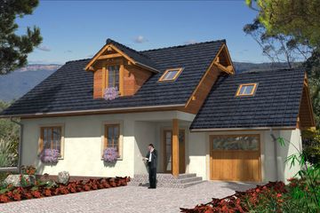 Projekt domu A-103 Dom jastrzębia - szkieletowy - parterowy z poddaszem dom o powierzchni 116,10 m², dach dwuspadowy - ujęcie 4