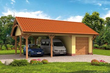  Projekt garażu G244 garaż jednostanowiskowy z wiatą dwustanowiskową (SLN1478) - projekt garażu parterowego - Zdjęcie 1