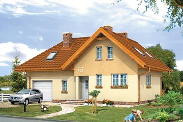 Projekt domu Jaskółka - parterowy z poddaszem dom o powierzchni 98,88 m², dach wielospadowy, koszt budowy 176 054 zł - ujęcie frontu