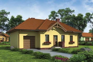 Projekt domu Toledo - parterowy dom o powierzchni 68,55 m², dach wielospadowy, koszt budowy 208 000 zł - ujęcie frontu