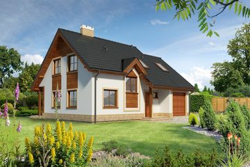 Projekt domu Lozanna LMP61 - parterowy z poddaszem dom o powierzchni 107,09 m², dach dwuspadowy, koszt budowy 163 700 zł - ujęcie frontu