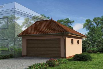 Projekt garażu GP8 garaż dostawiany dwustanowiskowy - parterowy dom o powierzchni 37,70 m², dach kopertowy, koszt budowy 36 675 zł - ujęcie frontu