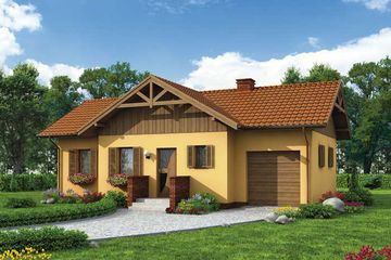 Projekt domu Lozanna - parterowy dom o powierzchni 58,24 m², dach dwuspadowy, koszt budowy 180 000 zł - ujęcie frontu