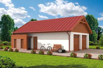 Projekt garażu G286 garaż dwustanowiskowy z werandą - parterowy dom o powierzchni 65,21 m², dach dwuspadowy, koszt budowy 63 436 zł - ujęcie frontu