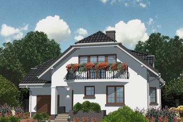 Projekt domu APS 131 - parterowy z poddaszem dom o powierzchni 127,80 m², dach naczółkowy, koszt budowy 344 000 zł - ujęcie frontu