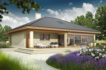 Projekt domu Alan G1 - parterowy dom o powierzchni 141,80 m², dach kopertowy, koszt budowy 443 000 zł - ujęcie frontu