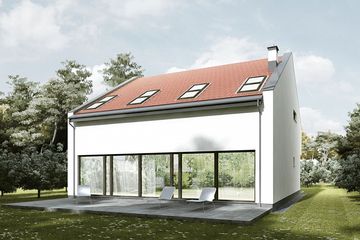 Projekt domu Domo 03C - parterowy z poddaszem dom o powierzchni 133,60 m², dach dwuspadowy, koszt budowy 266 315 zł - ujęcie frontu