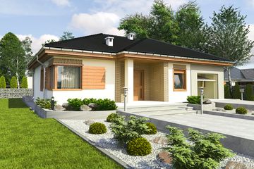 Projekt domu Jerzyk z garażem 1-st. [A] - parterowy dom o powierzchni 88,10 m², dach wielospadowy, koszt budowy 276 000 zł - ujęcie frontu