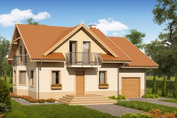 Projekt domu w Oregonie - parterowy z poddaszem dom o powierzchni 117,61 m², dach dwuspadowy - ujęcie frontu