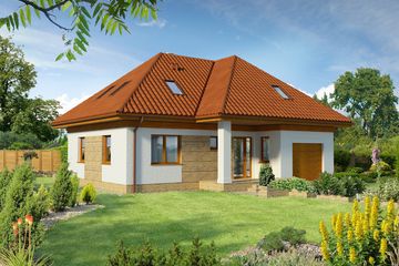 Projekt domu Elmshorn LMP230 - parterowy z poddaszem dom o powierzchni 120,58 m², dach wielospadowy, koszt budowy 225 500 zł - ujęcie frontu