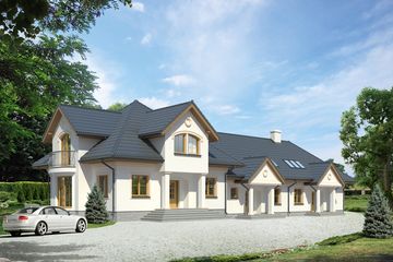 Projekt domu Atol 2 - parterowy z poddaszem dom o powierzchni 420,40 m², dach namiotowy, koszt budowy 1 075 000 zł - ujęcie frontu