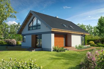 Projekt domu Tivoli LMP305 - parterowy z poddaszem dom o powierzchni 132,20 m², dach dwuspadowy, koszt budowy 345 000 zł - ujęcie frontu