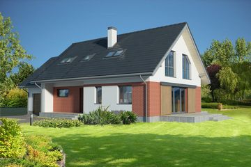 Projekt domu Sanremo DCP309 - parterowy z poddaszem dom o powierzchni 155,84 m², dach dwuspadowy, koszt budowy 415 000 zł - ujęcie frontu