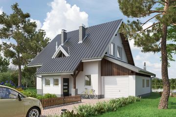 Projekt domu Krab (377) - parterowy z poddaszem dom o powierzchni 92,90 m², dach dwuspadowy, koszt budowy 151 425 zł - ujęcie frontu