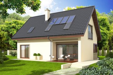 Projekt domu Liv 2 - parterowy z poddaszem dom o powierzchni 108,26 m², dach dwuspadowy, koszt budowy 284 000 zł - ujęcie frontu