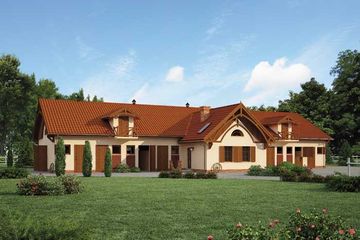  Projekt stajni S25 Stajnia angielska dla koni - 16 boksów + część mieszkalna (SLN1285) - projekt stajni parterowego z poddaszem - Zdjęcie 1