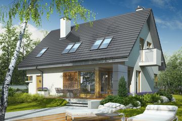 Projekt domu Tolek G1 - parterowy z poddaszem dom o powierzchni 110,47 m², dach dwuspadowy, koszt budowy 296 000 zł - ujęcie frontu