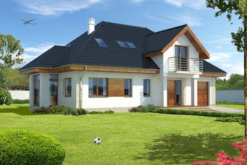 Projekt domu Dayton DCP261 - parterowy z poddaszem dom o powierzchni 168,13 m², dach kopertowy, koszt budowy 452 000 zł - ujęcie frontu