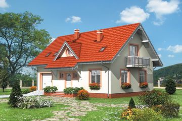 Projekt domu Gozdawa Pik - murowana – beton komórkowy - parterowy z poddaszem dom o powierzchni 120,60 m², dach dwuspadowy, koszt budowy 224 587 zł - ujęcie frontu