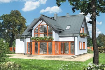 Projekt domu Azuryt (973) - parterowy z poddaszem dom o powierzchni 134,50 m², dach dwuspadowy, koszt budowy 360 000 zł - ujęcie frontu