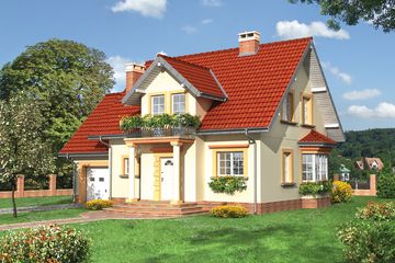 Projekt domu Kinga Lux - murowana – beton komórkowy - parterowy z poddaszem dom o powierzchni 129,10 m², dach dwuspadowy, koszt budowy 224 844 zł - ujęcie frontu