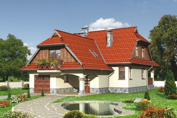 Projekt domu Saga - murowana – ceramika - parterowy z poddaszem dom o powierzchni 153,80 m², dach naczółkowy, koszt budowy 260 075 zł - ujęcie frontu