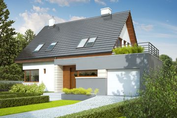 Projekt domu Tim G1 (wersja A) - parterowy z poddaszem dom o powierzchni 104,26 m², dach dwuspadowy, koszt budowy 289 000 zł - ujęcie frontu