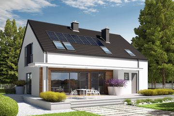 Projekt domu E4 G1 (wersja A) multi-comfort - parterowy z poddaszem dom o powierzchni 134,42 m², dach dwuspadowy, koszt budowy 364 000 zł - ujęcie frontu