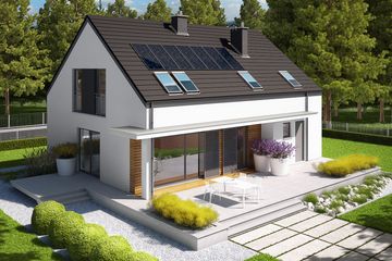 Projekt domu E4 G1 (wersja A) multi-comfort - parterowy z poddaszem dom o powierzchni 134,42 m², dach dwuspadowy - ujęcie 2