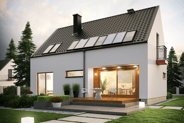 Projekt domu E11 economic - parterowy z poddaszem dom o powierzchni 103,56 m², dach dwuspadowy, koszt budowy 274 000 zł - ujęcie frontu