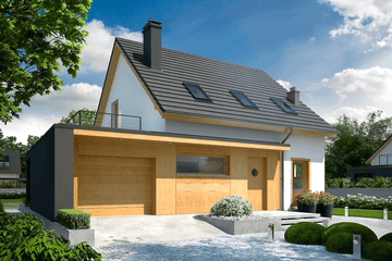Projekt domu E14 G1 economic - parterowy z poddaszem dom o powierzchni 103,59 m², dach dwuspadowy, koszt budowy 292 000 zł - ujęcie frontu