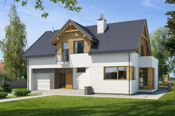 Projekt domu E-104 - parterowy z poddaszem dom o powierzchni 156,40 m², dach dwuspadowy, koszt budowy 419 000 zł - ujęcie frontu
