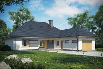 Projekt domu D152B - parterowy dom o powierzchni 119,31 m², dach kopertowy, koszt budowy 397 000 zł - ujęcie frontu