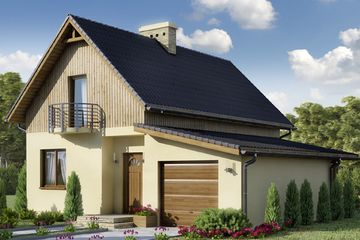 Projekt domu D55 - Małgosia - parterowy z poddaszem dom o powierzchni 69,09 m², dach dwuspadowy - ujęcie frontu