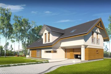 Projekt domu Wiktor - parterowy z poddaszem dom o powierzchni 187,60 m², dach dwuspadowy, koszt budowy 488 000 zł - ujęcie frontu