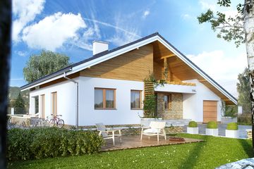 Projekt domu As 3 - parterowy dom o powierzchni 123,33 m², dach dwuspadowy, koszt budowy 363 000 zł - ujęcie frontu