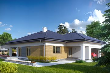 Projekt domu As 4 - parterowy dom o powierzchni 132,49 m², dach kopertowy, koszt budowy 399 000 zł - ujęcie frontu