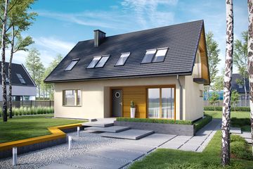 Projekt domu E11 III economic - parterowy z poddaszem dom o powierzchni 99,90 m², dach dwuspadowy, koszt budowy 266 000 zł - ujęcie frontu