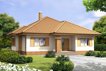 Projekt domu Szafran PS (paliwo stałe) - parterowy dom o powierzchni 120 m², dach namiotowy, koszt budowy 174 353 zł - ujęcie frontu