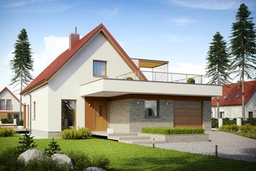 Projekt domu E13 II G1 economic - parterowy z poddaszem dom o powierzchni 104,34 m², dach dwuspadowy, koszt budowy 299 000 zł - ujęcie frontu