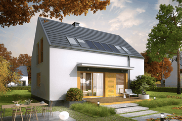 Projekt domu E12 economic - parterowy z poddaszem dom o powierzchni 101,69 m², dach dwuspadowy, koszt budowy 267 000 zł - ujęcie frontu