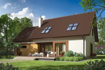 Projekt domu Marcin III G2 Mocca - parterowy z poddaszem dom o powierzchni 140,17 m², dach dwuspadowy, koszt budowy 386 000 zł - ujęcie frontu