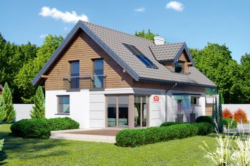 Projekt domu przy Alabastrowej 25 - parterowy z poddaszem dom o powierzchni 130 m², dach dwuspadowy - ujęcie frontu