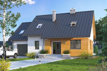 Projekt domu Szafran 6 - parterowy z poddaszem dom o powierzchni 137,84 m², dach dwuspadowy, koszt budowy 367 000 zł - ujęcie frontu