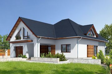 Projekt domu Avalon IV DCP206c - parterowy z poddaszem dom o powierzchni 187,25 m², dach wielospadowy, koszt budowy 493 000 zł - ujęcie frontu